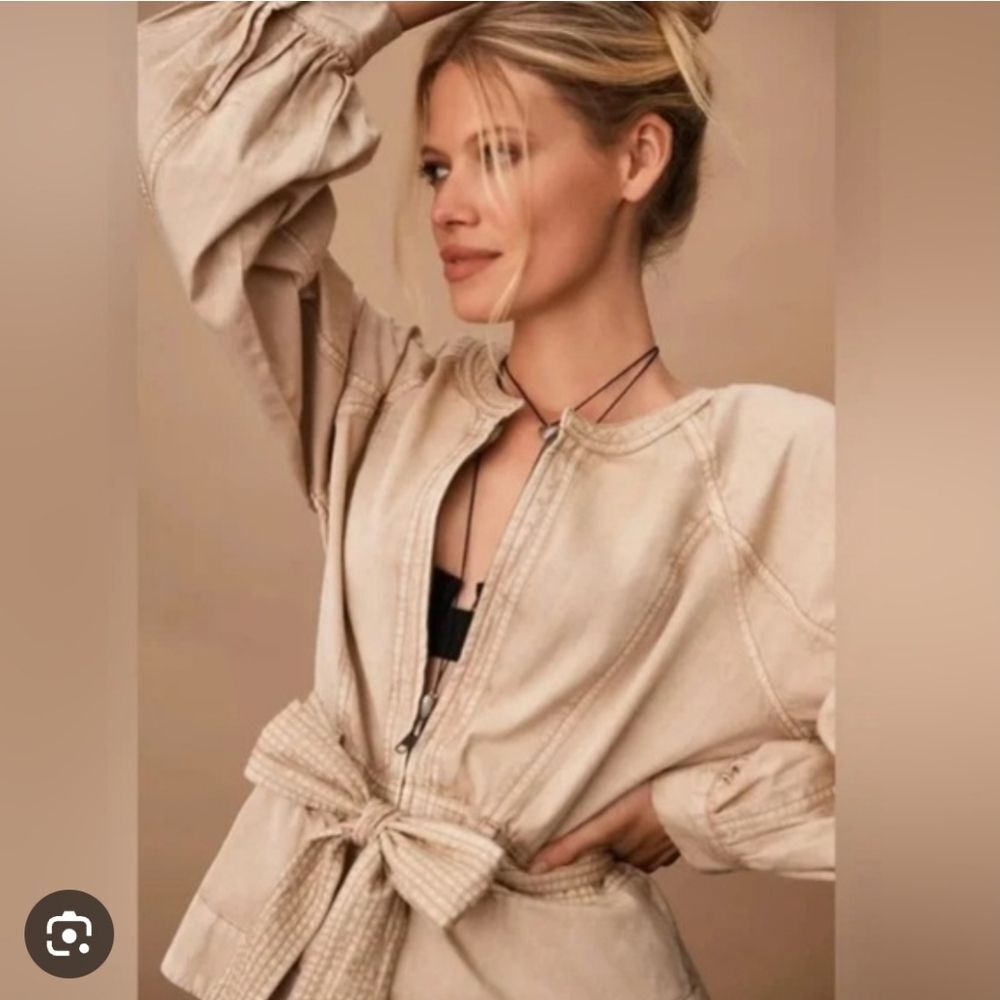 By Anthropologie Belted Round Neck Utility Jacket Tan Brown Size XL Sand Sable - Picture 4 of 15